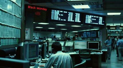 Worried man looking at his screen in his stock exchange office. black monday concept, fall in values