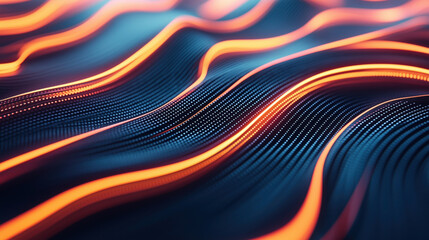 Wall Mural - Abstract digital background with flowing neon orange and blue lines forming wavy patterns, representing data streams and technology concepts.