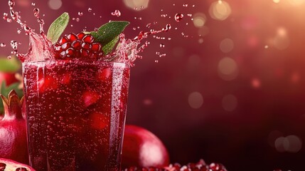 Poster - Vibrant pomegranate juice in a glass, with a splash effect and ample space for promotional text or branding.