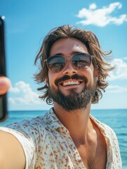 Wall Mural - A person holding a smartphone and smiling while taking a selfie