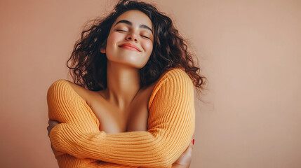 Wall Mural - Overweight and confident woman embracing her body and expressing self-love and self-acceptance. Body positivity concept