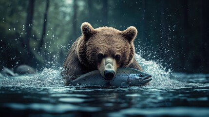 Dramatic shot of a bear emerging from the water with a salmon, droplets flying, and the forest in the background, capturing the essence of survival.