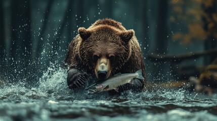 Dramatic shot of a bear emerging from the water with a salmon, droplets flying, and the forest in the background, capturing the essence of survival.