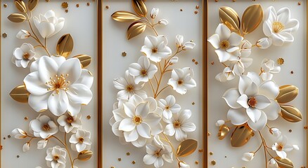 Wall Mural - 3D floral wall art panels with white and gold flowers on dark backgrounds