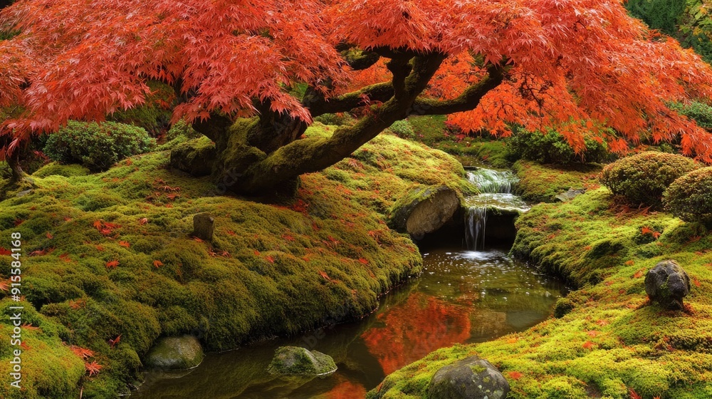 Maple tree in a Japanese garden, with a small stream running beneath it ...