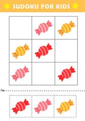 Wall Mural - Sudoku logical reasoning activity for kids. Fun sudoku puzzle with cute candy illustration. Children educational activity worksheet.