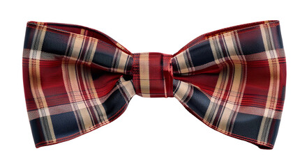 Wall Mural - A traditional plaid bow tie featuring a rich mix of red, blue, and white colors, elegantly displayed on a transparent background.
