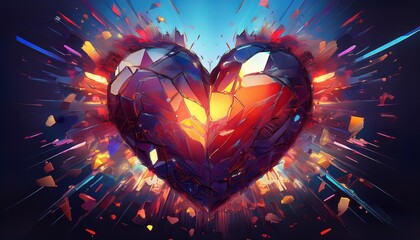 Poster - Abstract representation of a heart shattering with vibrant colors and explosive effects, symbolizing passion and emotion