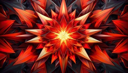 Poster - Abstract geometric pattern featuring sharp, vibrant red and yellow shapes radiating outward against a dark background
