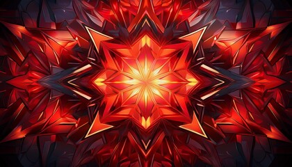 Poster - Abstract geometric pattern featuring red and orange hues with sharp edges and dynamic shapes radiating from the center