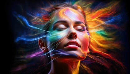 Poster - Abstract representation of a woman's face with vibrant colors and flowing lines, illustrating energy and emotion against a dark background