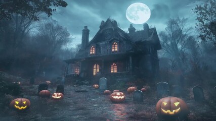 Haunted house with Halloween pumpkin, night scary forest animation looping video animated background