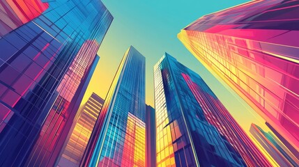 futuristic city at sunset, colorful skyscrapers with modern windows, sleek design, vibrant illustrat