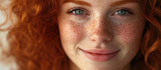 Poster - Close up portrait of a cheerful ginger woman with freckles and curly hair. with copy space image. Place for adding text or design