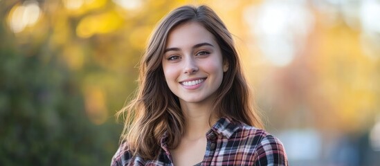 Poster - Brunette woman outside in a checkered plaid pattern smiling and facing the camera Copy space