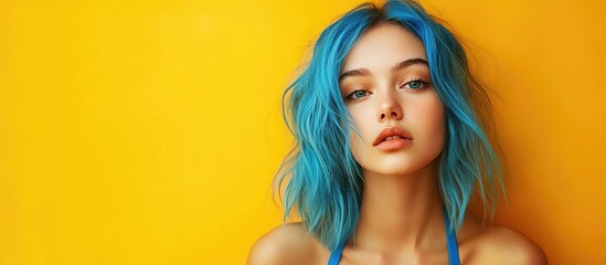 Aufkleber - Portrait of an appealing young funky girl with blue hair in a swimsuit standing alone against a yellow background showcasing copy space