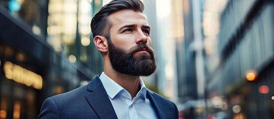 Poster - Trendy bearded gay man in a suit glancing away on a city street. with copy space image. Place for adding text or design