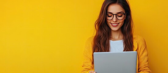Poster - Young woman using a modern laptop against a yellow background. with copy space image. Place for adding text or design