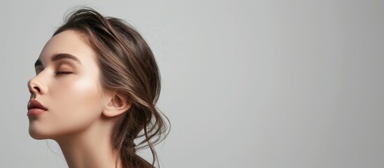 Poster - Portrait of an appealing woman showcasing ad copy in an empty space highlighting novelty set against a gray pastel background