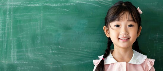Poster - Asian Chinese young girl holding a blank blackboard against a white background. with copy space image. Place for adding text or design