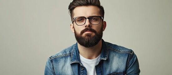 Poster - Young attractive male with a beard mustache and stylish hairstyle Casual man in a denim jacket and glasses Serious looking guy smirking Isolated in a studio. with copy space image