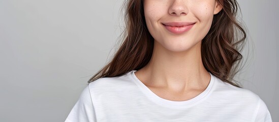 Poster - cropped view of a young woman wearing a white t shirt with copy space set against a grey background