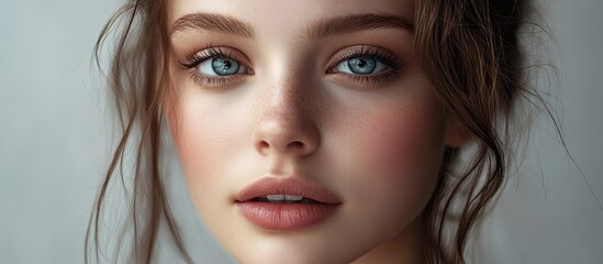 Poster - Portrait of a beautiful young woman studio shot against a grey background. with copy space image. Place for adding text or design