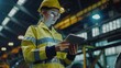 © GoodandEvil - Worker in yellow safety wear using tablet in factory