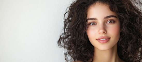 Poster - Close up studio shot of a beautiful young woman model with curly dark hair gazing at the camera with an adorable smile while posing against a white blank copyspace wall for your content
