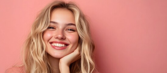 Aufkleber - young attractive blonde woman smiling embracing life feeling joyful amicable content and relaxed with her hand on her chin against a solid color wall. with copy space image