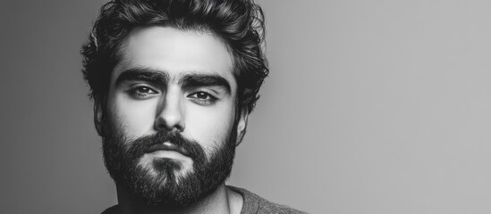 Poster - Studio shot of a handsome young Persian man with a beard against a gray background in black and white. with copy space image. Place for adding text or design