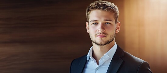 Poster - Business photo of a young man in a business suit. with copy space image. Place for adding text or design
