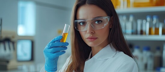 Poster - female researcher doctor holding a test tube in a laboratory. with copy space image. Place for adding text or design