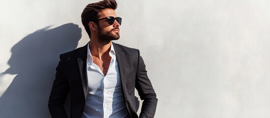 Poster - Stylish man standing outside against a white backdrop. with copy space image. Place for adding text or design