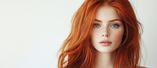 Poster - Portrait of a stunning redhead woman posing against a white background. with copy space image. Place for adding text or design