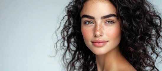 Poster - Close up studio shot of a beautiful young woman model with curly dark hair gazing at the camera with an adorable smile while posing against a white blank copyspace wall for your content