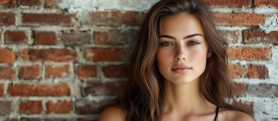 Poster - Attractive woman positioned in front of a brick wall. with copy space image. Place for adding text or design