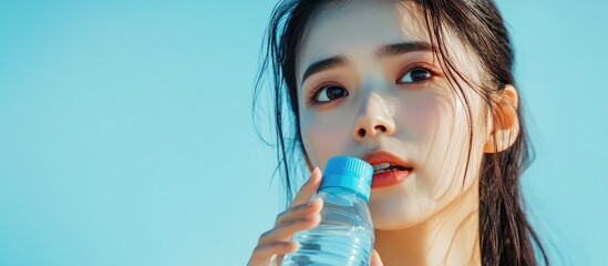 Poster - Young Asian woman refreshing her face with a water bottle. with copy space image. Place for adding text or design