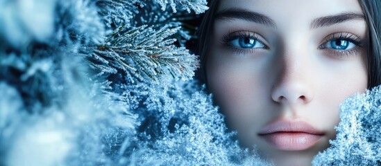Poster - Teen with Christmas decorations and a blue frosty border. with copy space image. Place for adding text or design
