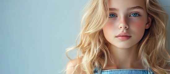 Poster - Portrait of a young attractive blonde girl wearing a blue jeans dress. with copy space image. Place for adding text or design