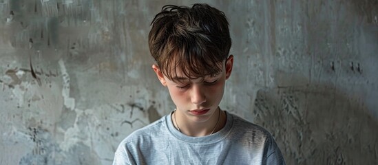Poster - A beautiful young boy in a grey casual t shirt appears stressed anxious tired and frustrated gripping the neck of his shirt and displaying a sense of frustration with an issue. with copy space image