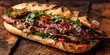 © AkuAku - Steak ciabatta sandwich on wooden surface viewed from the side