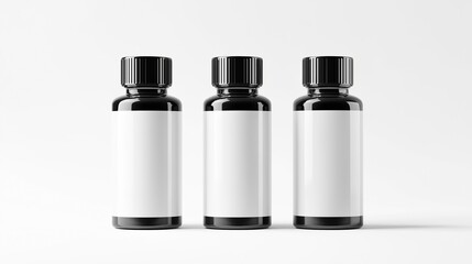 Poster - Black cosmetics or meds bottles mock up on isolated white background with empty white space for label