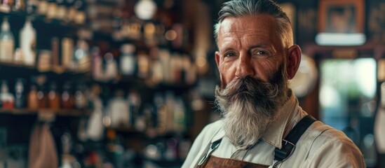 Barber shop theme Mature hipster featuring a moustache and beard Serious and confident mature man with a beard copy space Self assured in his style Composed demeanor of a focused and confident indivi