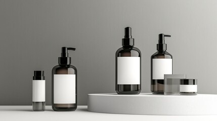 Poster - Black cosmetics bottles mock up on gray background with empty white space for label
