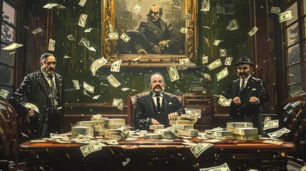 Wall Mural - Digital illustration with three men in suits in opulent room. Man in wheelchair at desk surrounded by money, gold raining down symbolizing wealth and luxury.