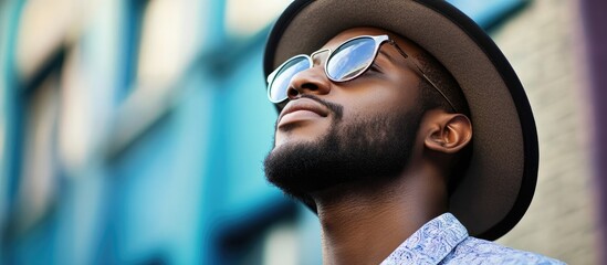 Poster - Portrait of a Black man wearing sunglasses and a hat on the street African American profile. with copy space image. Place for adding text or design