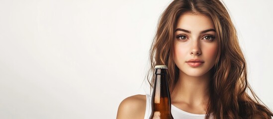 Aufkleber - Young woman with a beer bottle against a white background. with copy space image. Place for adding text or design