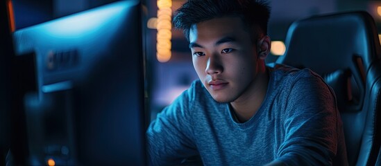 Poster - Portrait of a young Asian man working on a computer in a dimly lit cyber environment copy space