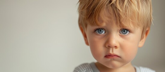 Wall Mural - Close up shot of the face of a cute little boy in a romper crying against a white background. with copy space image. Place for adding text or design